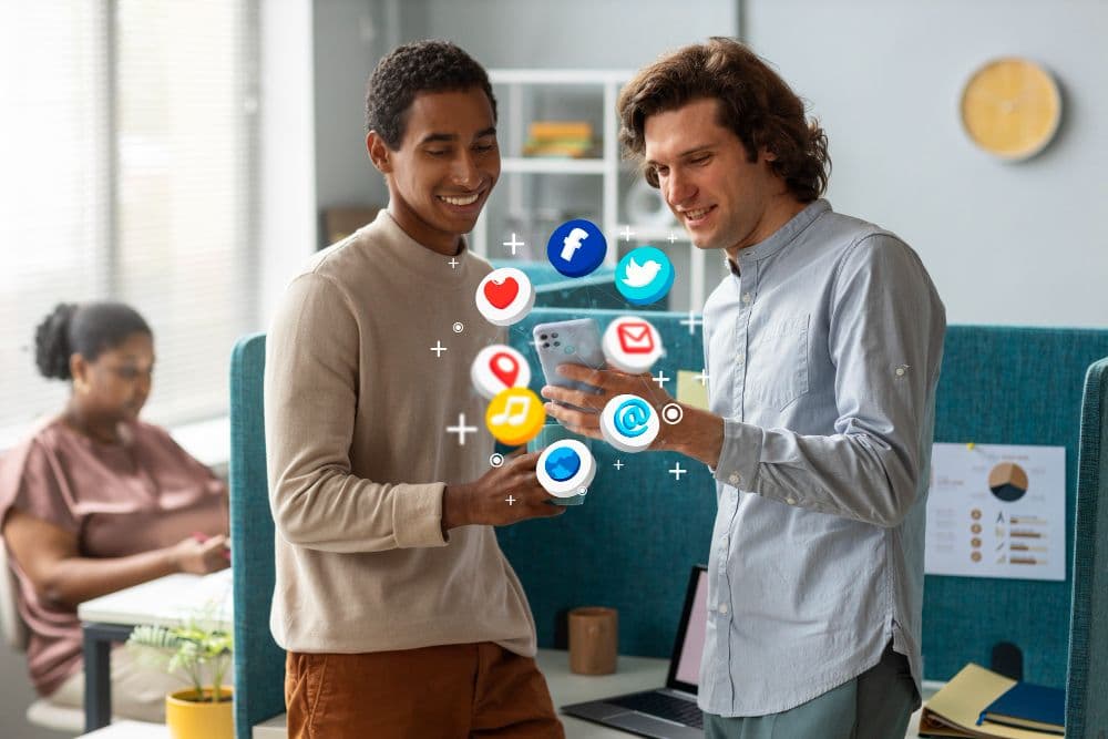 business owner using social media platforms for brand visibility, engagement, and customer interaction