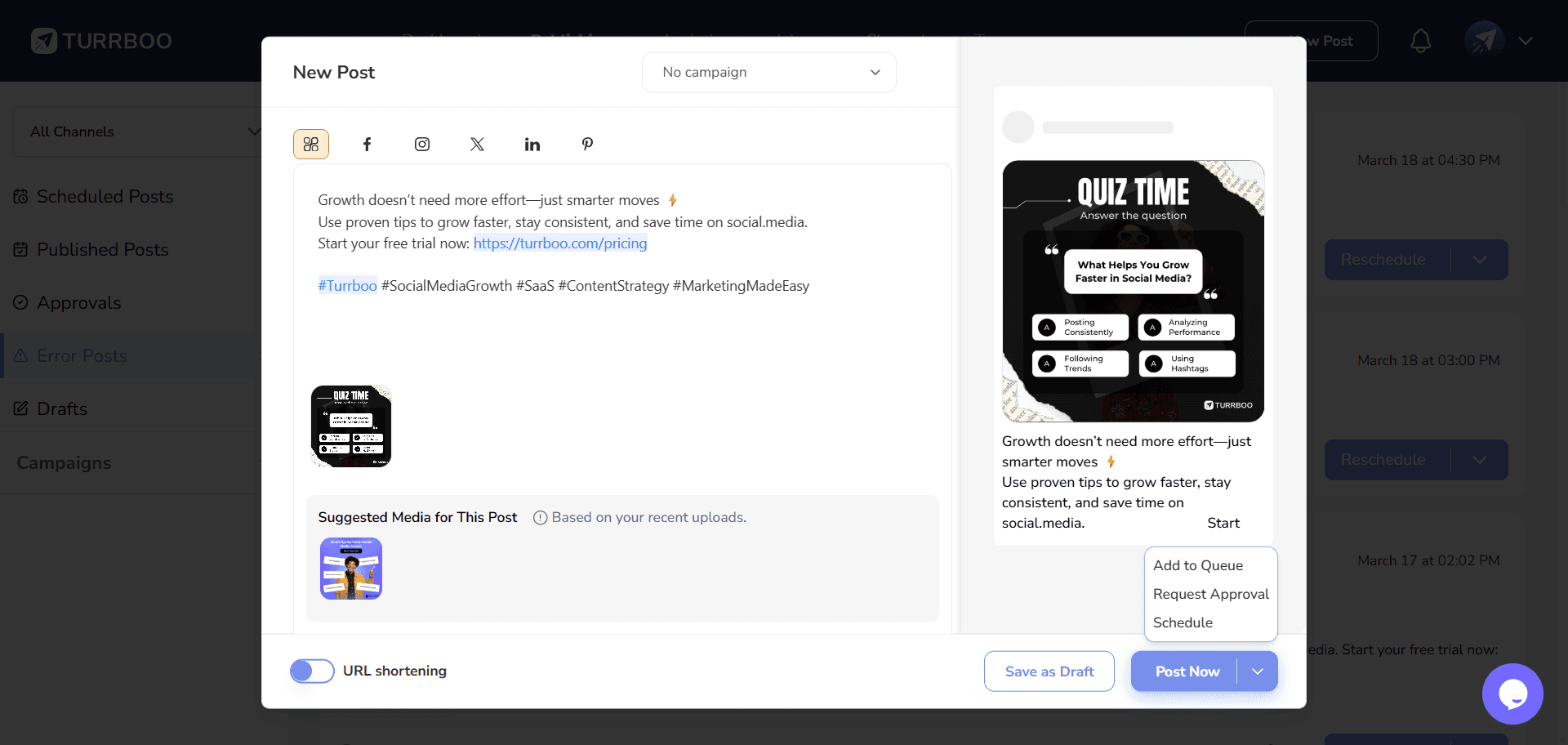 Draft, Schedule, or Publish Social Media Posts Instantly on Turrboo