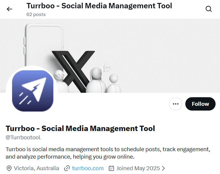 X/Twitter bio of Turrboo social media management tool