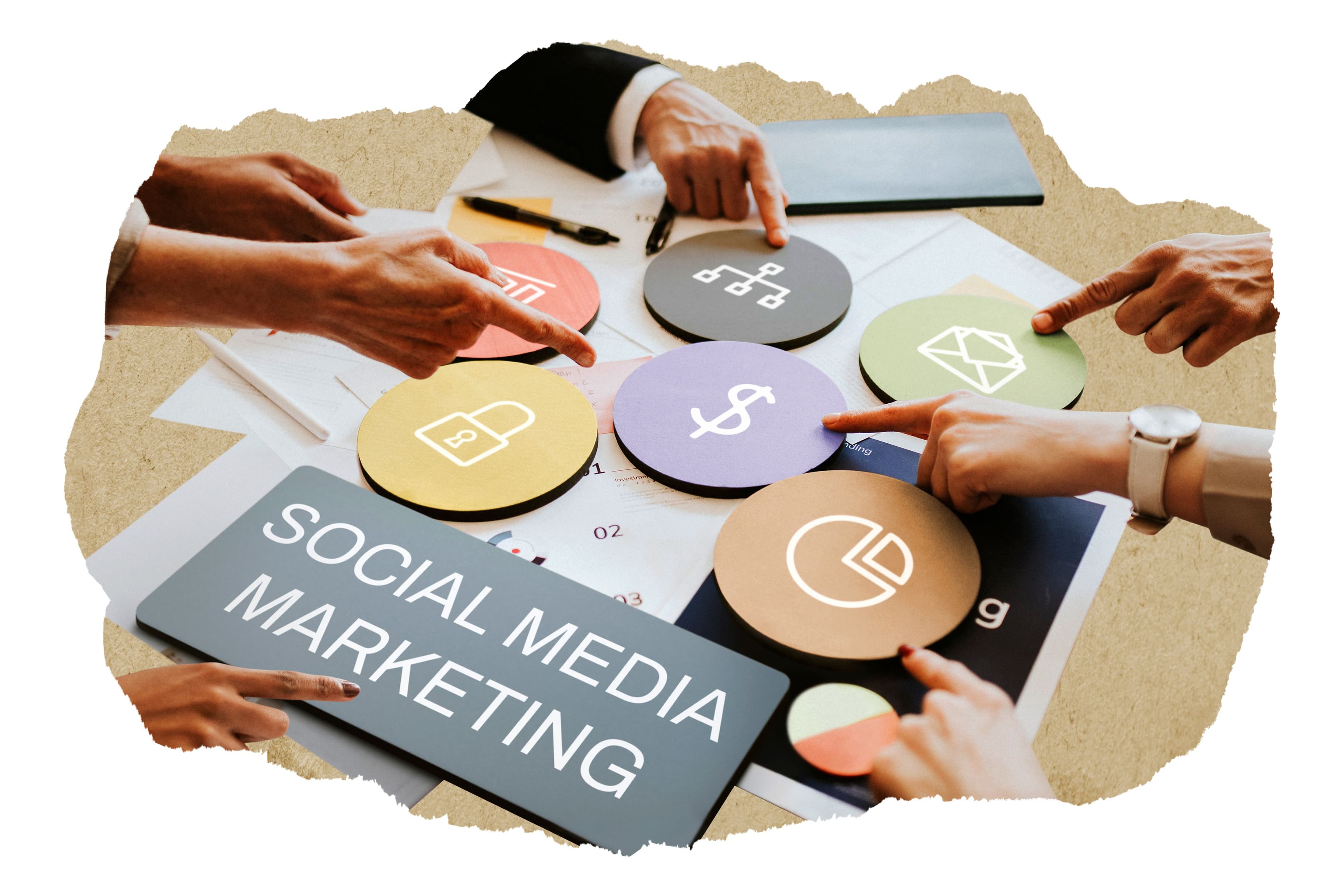 Using social media for business with team managing brand accounts